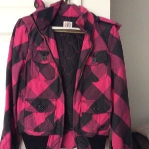 ROXY Pink Checkered Print Girls Jacket with Hood